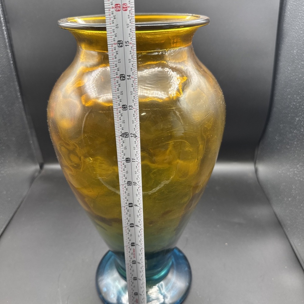 Vintage Hand Blown Amber Blue Art Glass Flower Vase 16" X Large Y2K - Picture 6 of 8